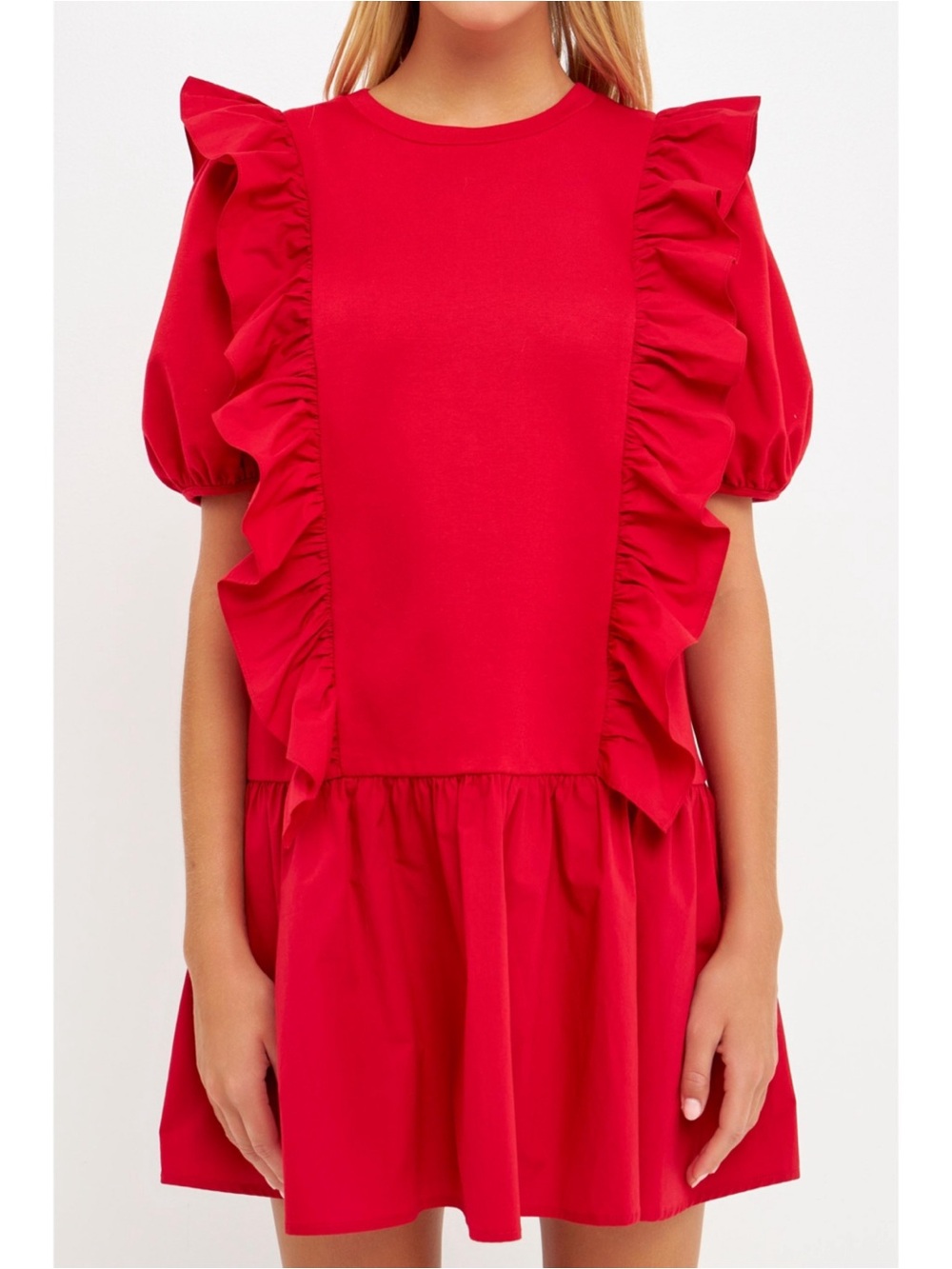 English Factory Mixed Media Ruffle Detail Puff Sleeve Mini Dress Red Size S